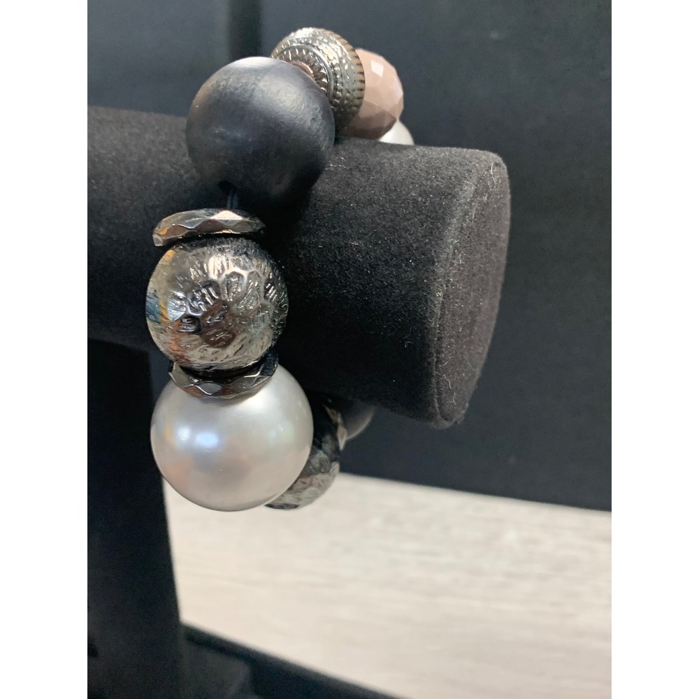 Chunky Mixed Bead Stretch Bracelet Silver Faux Pearl Gunmetal Black Statement